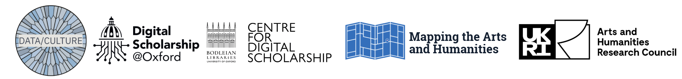 Logos of the three partner organisations: Data/Culture, Digital Scholarship @ Oxford, and the Mapping the Arts and Humanities Project.