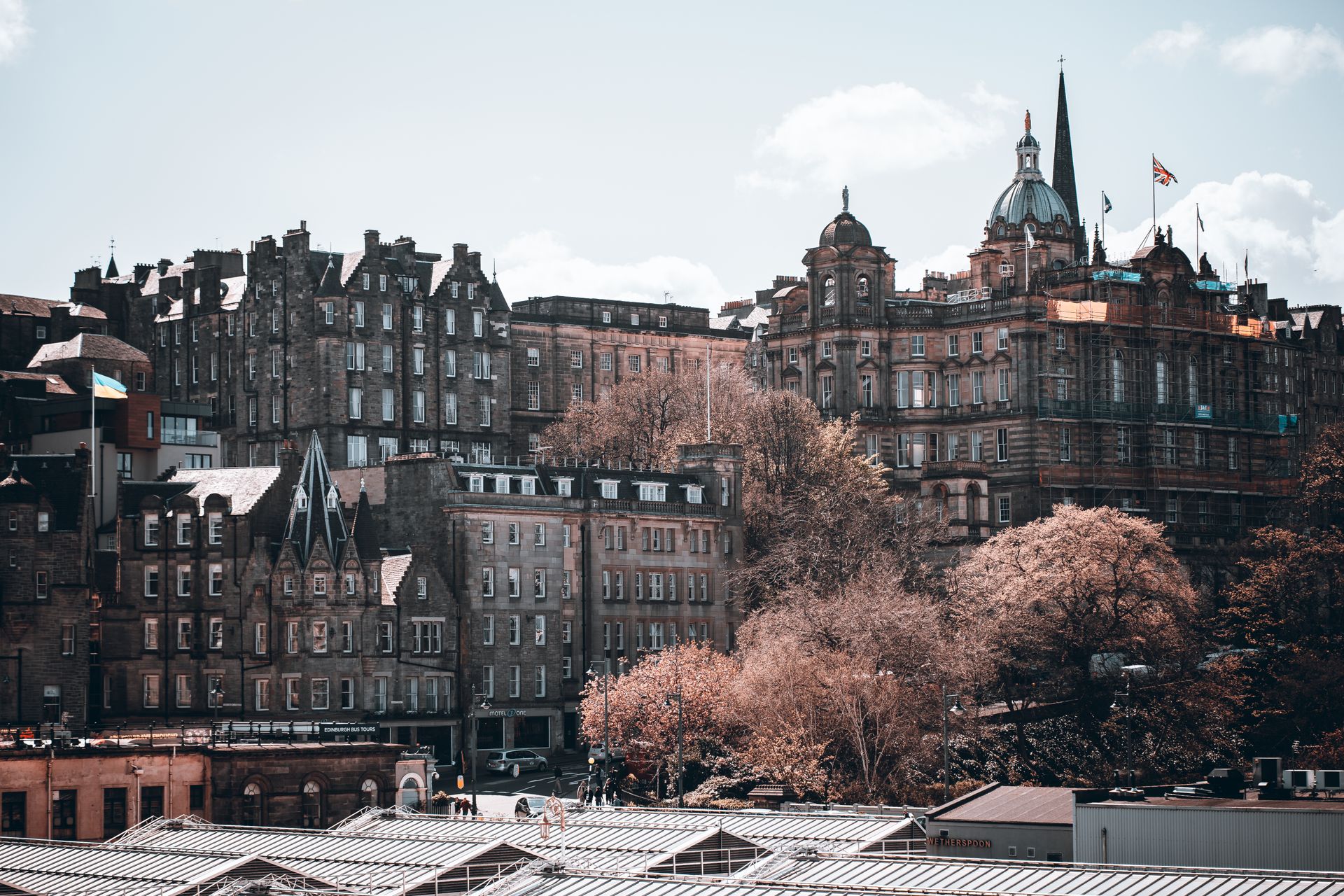 Edinburgh’s Old Town skyline above the roofs of Waverley Station