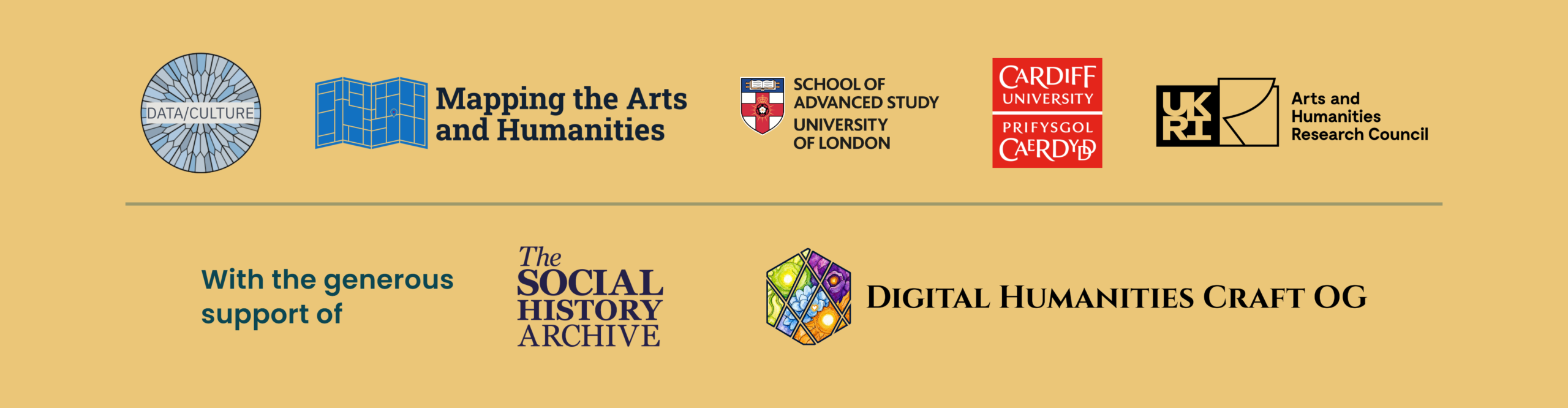 Logos: Data/Culture, Mapping the Arts and Humanities, School of Advanced Study (University of London), Cardiff University and UKRI Arts and Humanities Research Council, with the generous support of The Social History Archive and Digital Humanities Craft OG