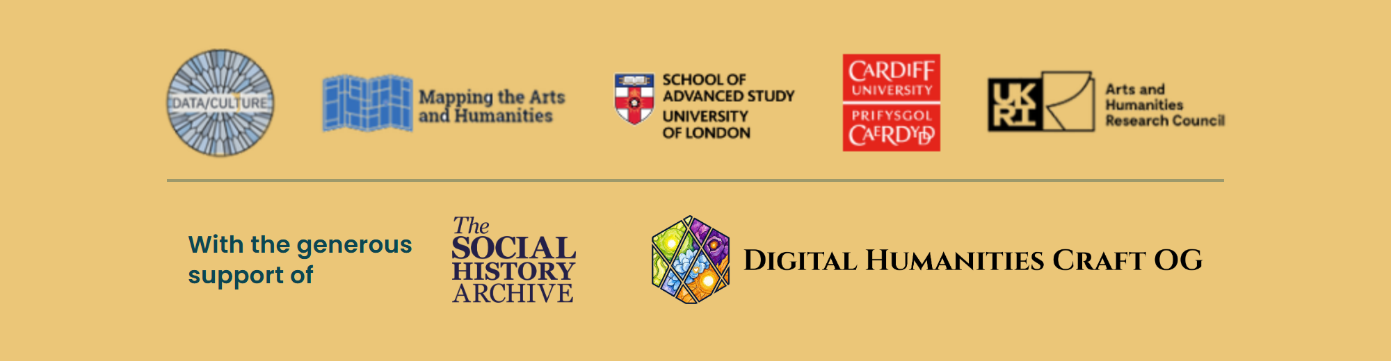 Logos: Data/Culture, Mapping the Arts and Humanities, School of Advanced Study (University of London), Cardiff University and UKRI Arts and Humanities Research Council; with the generous support of The Social History Archive and Digital Humanities Craft OG